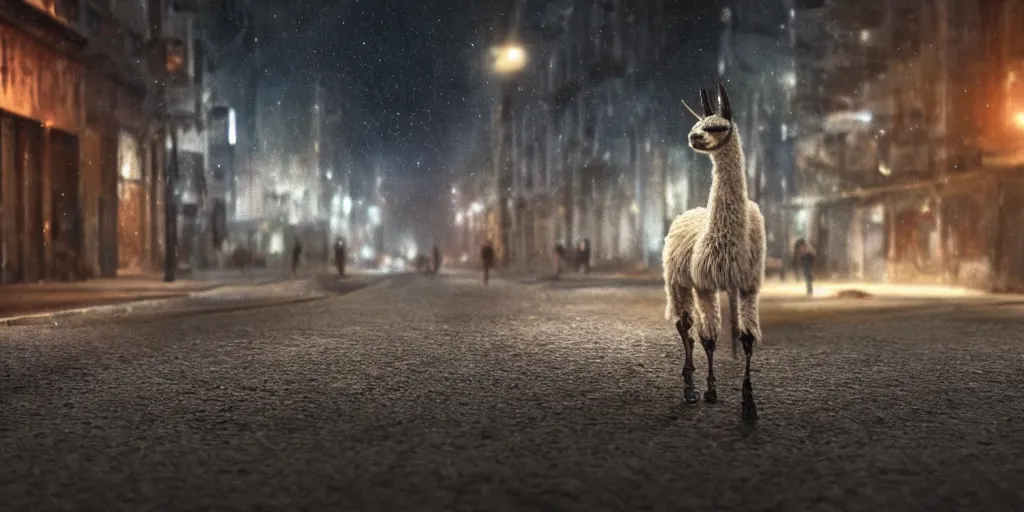 Image similar to a llama walking through a desolate city street at night, realistic 4 k octane beautifully detailed render, 4 k post - processing, highly detailed, intricate complexity, epic composition, magical atmosphere, cinematic lighting, masterpiece, ultra hd