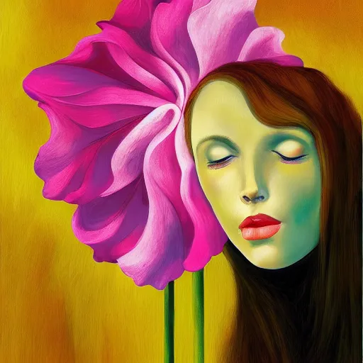 Image similar to huge flower as head, woman standing in a luxury apartment, surreal, dramatic light, impressionist painting, digital painting, artstation, georgia o'keeffe