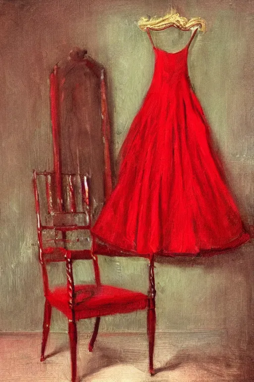 Image similar to an empty red dress laid across a chair in a dark victorian era room. in the style of american impressionism painting.