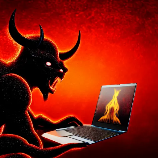 Image similar to a demon ~ using a laptop ~ lava background ~ sitting on a chair ~, 4 k, ultra hd