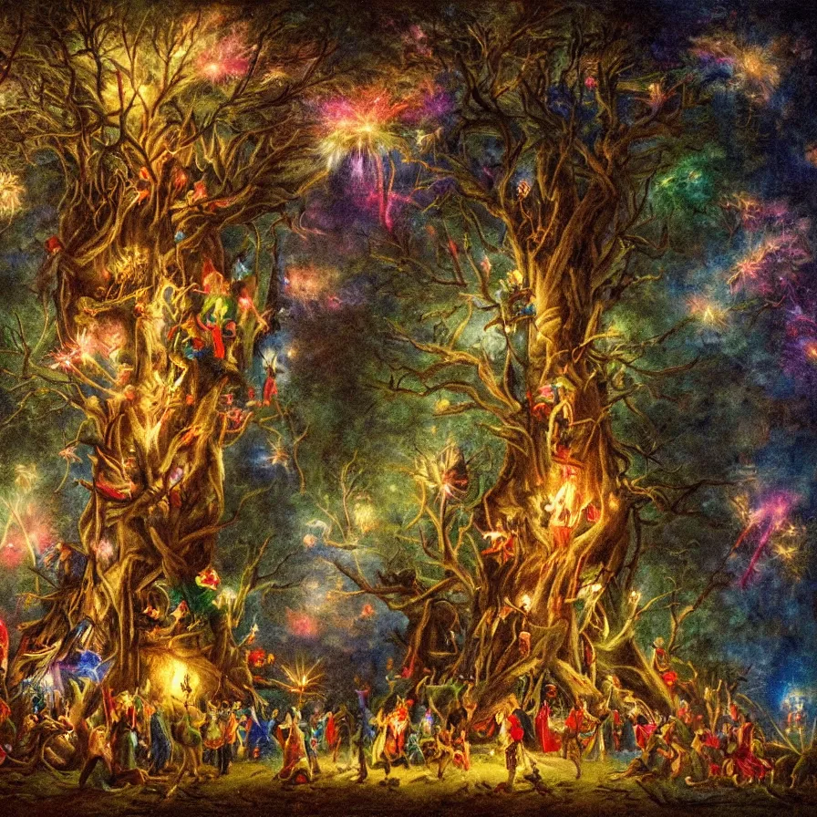 Prompt: closeup of a night carnival inside a tree cavity in a magical forest in the middle of a summer storm, with a music scenario with many fireworks and christmas lights, volumetric lightning, instense god rays in the sky, folklore people disguised with fantastic creatures in a magical forest by summer night, masterpiece painted by fernand toussaint, very coherent and colorful high contrast masterpiece,