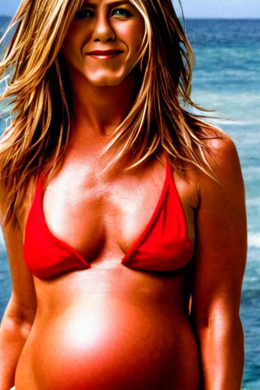Image similar to pregnant jennifer aniston in a red bikini, realistic portrait, symmetrical, highly detailed, smooth, sharp focus, hdr 4 k film screenshot