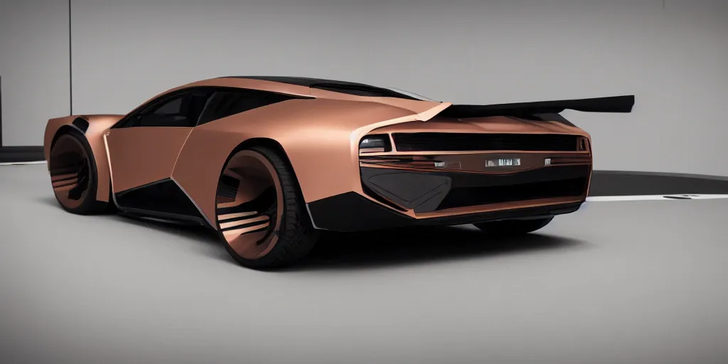 Image similar to a design of a futuristic DMC Delorian, designed by Polestar, blade runner background, back view, light copper car paint, black windows, sportscar, black show room, dramatic lighting, octane rendering, unreal engine rendering, hyper realistic render, depth of field, octane rendering