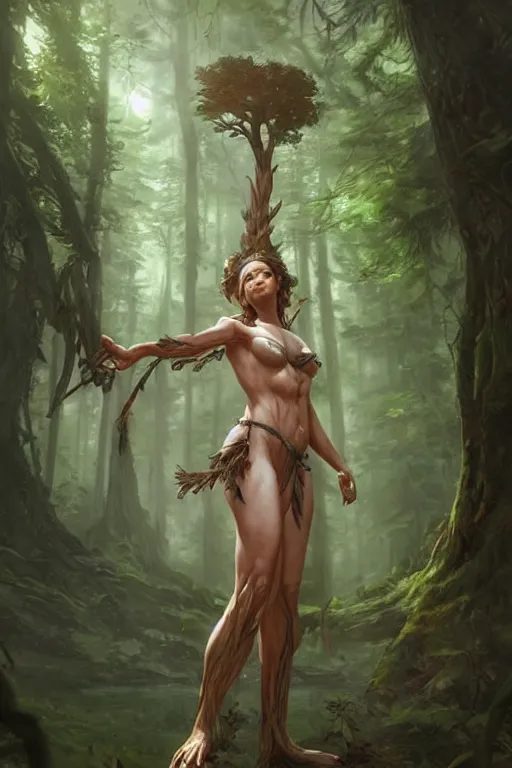 Image similar to goddess of the forest, accurate anatomy, only two hands, highly detailed, digital painting, artstation, concept art, smooth, sharp focus, illustration, unreal engine 5, 8 k, art by artgerm and greg rutkowski and edgar maxence