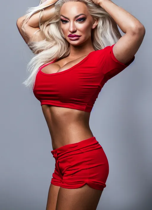 Prompt: portrait of lindsey pelas wearing red t shirt and hot pants, by charlotte grimm, natural light, detailed face, beautiful features, symmetrical, canon eos c 3 0 0, ƒ 1. 8, 3 5 mm, 8 k, medium - format print,