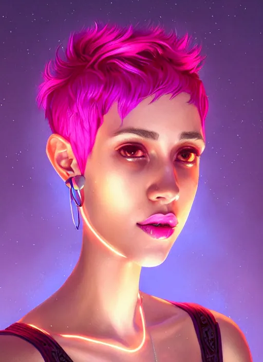 Image similar to portrait of vanessa morgan with bright pink hair, curly pixie cut hair, wearing a purple breton cap, breton cap, hoop earrings, intricate, elegant, glowing lights, highly detailed, digital painting, artstation, concept art, smooth, sharp focus, illustration, art by wlop, mars ravelo and greg rutkowski