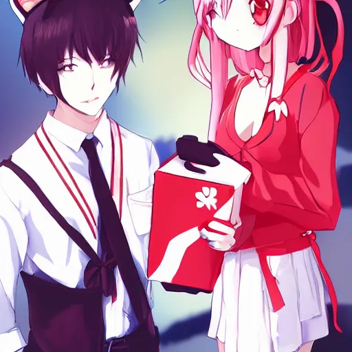 Prompt: anime woman with cat ears holding a package of sugar and a boy wearing white shirt and red tiw, digital artwork, in the style of krenz cushart