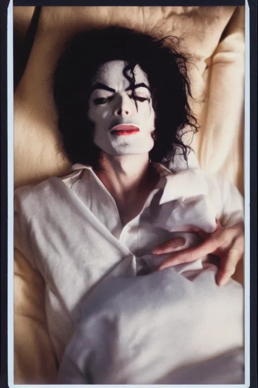 Prompt: polaroid still of pale sleeping michael jackson inside a coffin, portrait, 4k