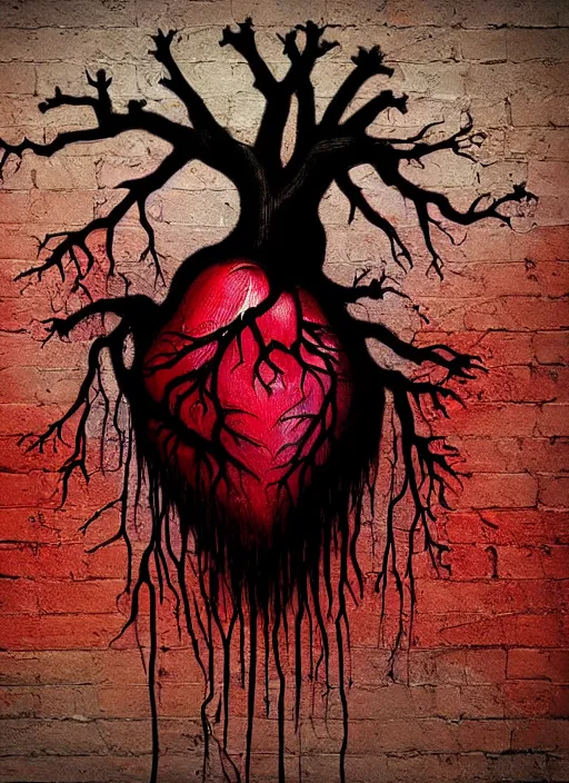 Image similar to dripping anatomical human heart with roots growing above it, sadness, dark ambiance, concept by godfrey blow, graffiti by banksy, featured on deviantart, sots art, lyco art, artwork, photoillustration, poster art, black and red