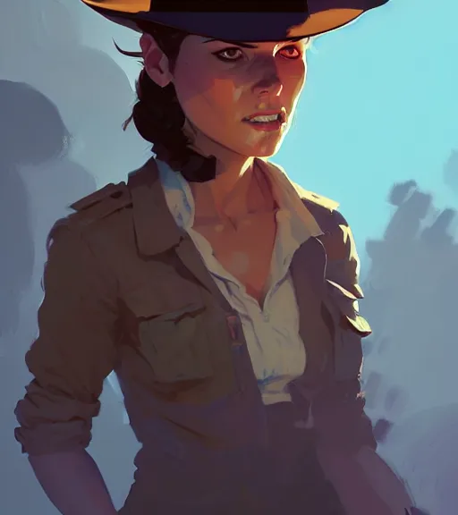Image similar to portrait of a female indiana jones by atey ghailan, by greg rutkowski, by greg tocchini, by james gilleard, by joe fenton, by kaethe butcher, dynamic lighting, gradient light blue, brown, blonde cream and white color scheme, grunge aesthetic