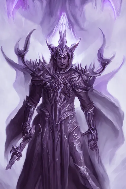 Prompt: man male demon, full body white purple cloak, warlock, chanting, character concept art, costume design, illustration, black eyes, white horns, trending on artstation, Artgerm , WLOP