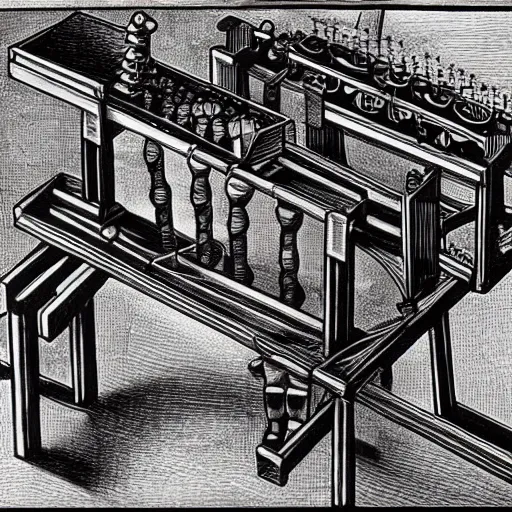 Image similar to rube goldberg music machine designed by escher drawn by da vinci, detailed pen and ink illustration