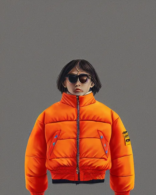 Image similar to a puffy and oversized winter jacket mango fruit jacket, concept, virgil abloh, wes anderson, ilya kuvshinov, photorealistic, artstatio, high fashion, modern