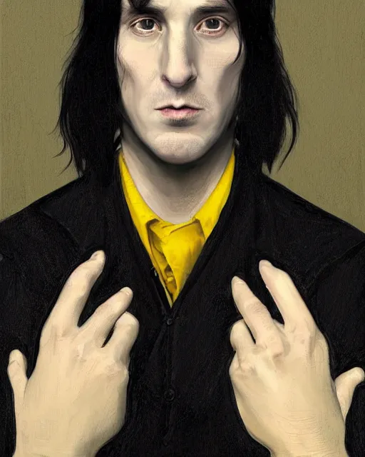 Image similar to portrait of a 3 2 - year - old man wearing black clothes, snape severus, with black, greasy, mid - length hair, hooked nose, dark brown eyes, yellow uneven teeth, highly detailed, digital painting, artstation, concept art, smooth, sharp focus, illustration, art by artgerm and greg rutkowski and alphonse mucha