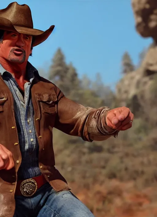 Prompt: an film still of sylvester stallone as cowboy with beard, western background, unreal engine. amazing likeness. very detailed.