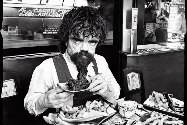 Prompt: peter dinklage at arbys eating curled fries, in the style of eugene atget and peter witkin