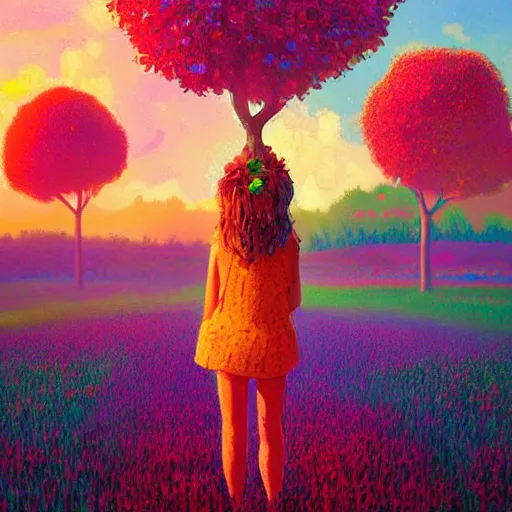 Prompt: girl with giant flower as a face, flower field, big trees, sunrise dramatic light, impressionist painting, colorful clouds, digital painting, pointillism, artstation, simon stalenhag