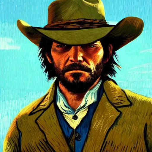 Prompt: John Marston (from Red Dead Redemption 2) in the style of Vincent Van Gogh, masterpiece digital painting, 4k wallpaper, intricate detail, beautiful, gorgeous, stunning, artstation