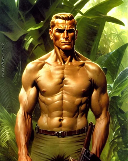 Image similar to doc savage in the jungle, fantasy character portrait, ultra realistic, concept art, intricate details, highly detailed by william adolphe bouguereau james bama, and frank frazetta