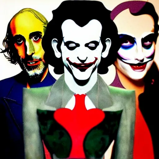 Image similar to richard hamilton and mimmo rottela and banksy as joaquin phoenix skinny joker holding hand lady gaga harley queen, ultra photorealistic, intricate details, pop art style, baroque, baroque, balance composition, concept art, ultrarealistic, 3 colors, smooth, sharp focus