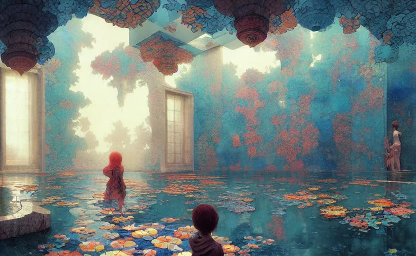 Image similar to tiled room squared waterway, fantasy. intricate, amazing composition, colorful watercolor, by ruan jia, by maxfield parrish, by marc simonetti, by hikari shimoda, by robert hubert, by zhang kechun, illustration, gloomy