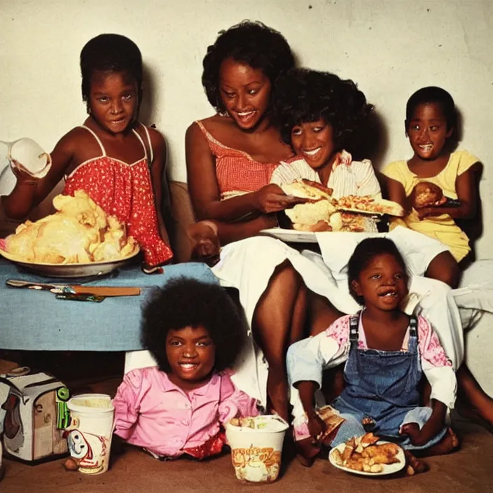 Prompt: vintage realistic photo of an African American family in 1979 with two daughters and a son eating chicken, mash potatoes, and rolls for dinner. While “good times” plays on the tv in the background