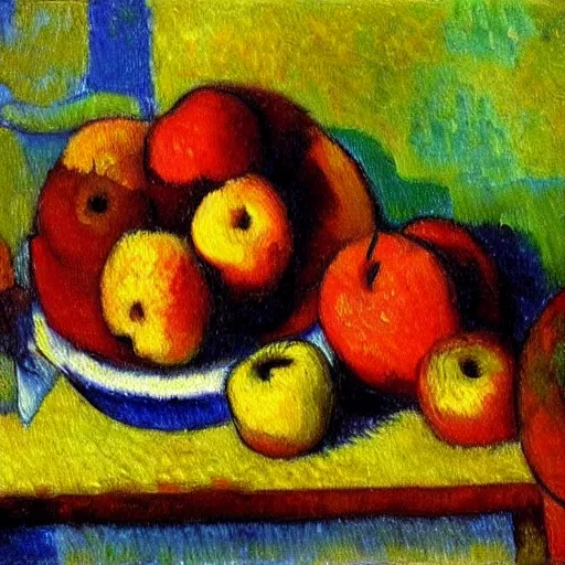 Prompt: a gauguinesque, impressionist oil painting of a potted fruit and apples on a table by alexej von jawlensky, flickr contest winner, fauvism, fauvism, picasso, painterly