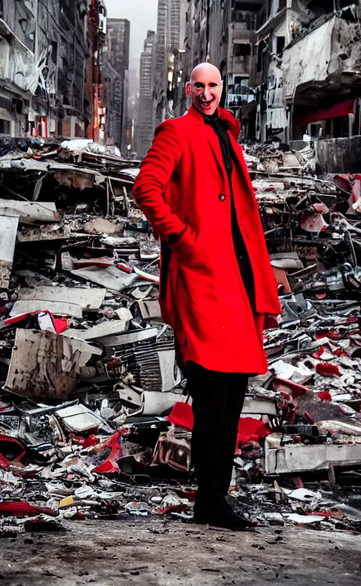 Image similar to cinematic scene of a bald comedian in red coat performing comedy show on top of dead bodies in streets of an apocalyptic metropolis destroyed after war, dramatic lighting, insane details