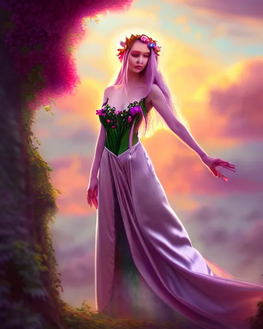 Image similar to photo of elf in long satin evening dress, flowers in hair, fantasy character portrait, soft clouds, floral sunset, ultra realistic, concept art, intricate details, cinematic, highly detailed