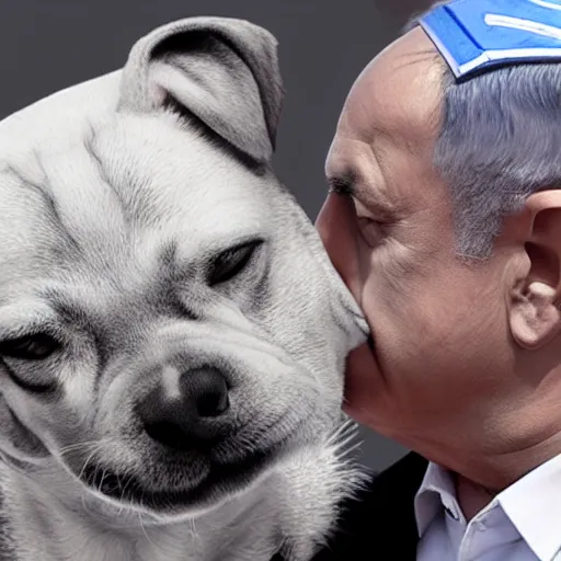 Image similar to benjamin netanyahu kissing a dog, photorealistic, detailed