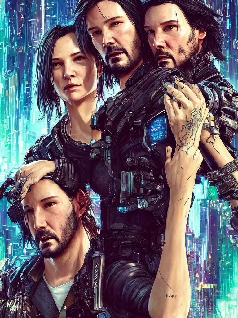 Image similar to a cyberpunk 2077 srcreenshot wedding couple portrait of Keanu Reeves and female android final kiss,love,film lighting,by Laurie Greasley,Lawrence Alma-Tadema,Dan Mumford,John Wick,Speed,Replicas,artstation,deviantart,FAN ART,full of color,Digital painting,face enhance,highly detailed,8K,octane,golden ratio,cinematic lighting