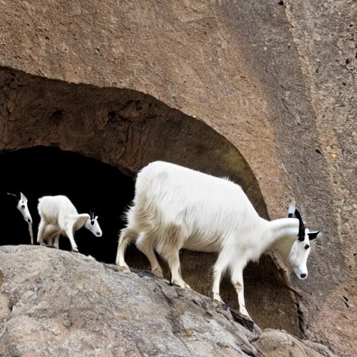 Prompt: photograph of a family of mountain goats licking the salt off of the rock walls of a tunnel taken from the passenger - side window of a vehicle