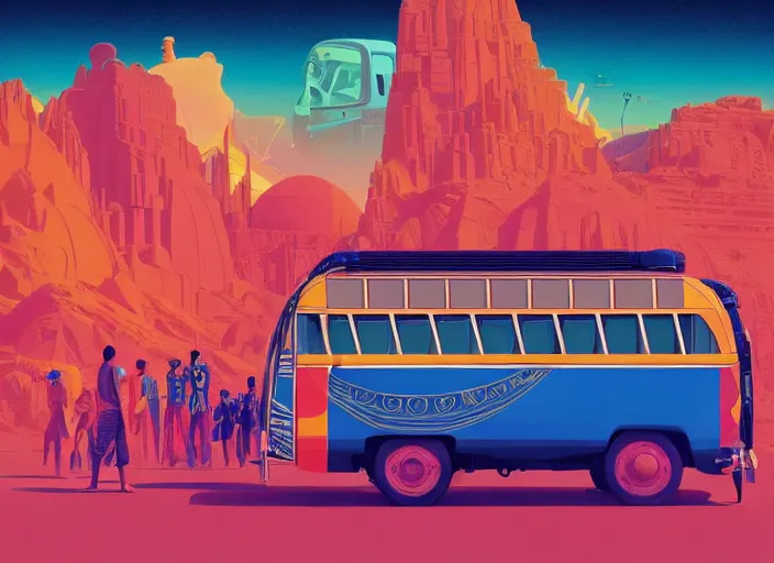 Image similar to a colorful indian bus by paolo eleuteri serpieri and tomer hanuka and chesley bonestell and daniel merriam and tomokazu matsuyama, unreal engine, high resolution render, featured on artstation, octane, 8 k, highly intricate details, vivid colors, vector illustration