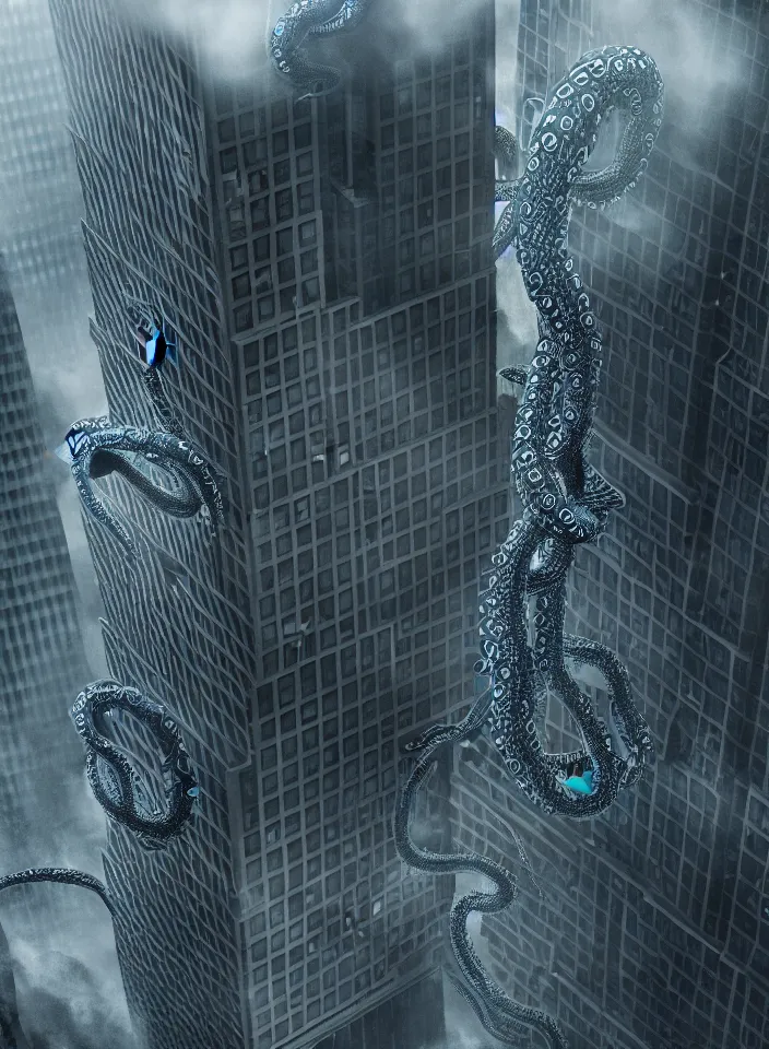 Prompt: A very giant and Kraken-like multi-eyed monster jumped up on a office building and wrapped his tentacles all around him. High detail, aerial view, photorealism, concept art, octane render, 8k