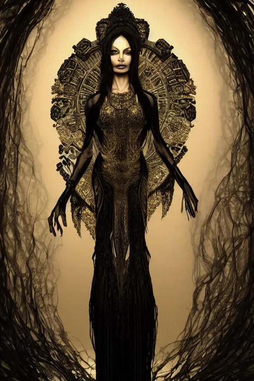 Prompt: a realistic dark photo of a beautiful ancient alien woman goddess angelina jolie kate moss nataraja standing in iris van herpen dress jewelery and fractals in style of alphonse mucha art nuvo dmt trending on artstation made in unreal engine 4