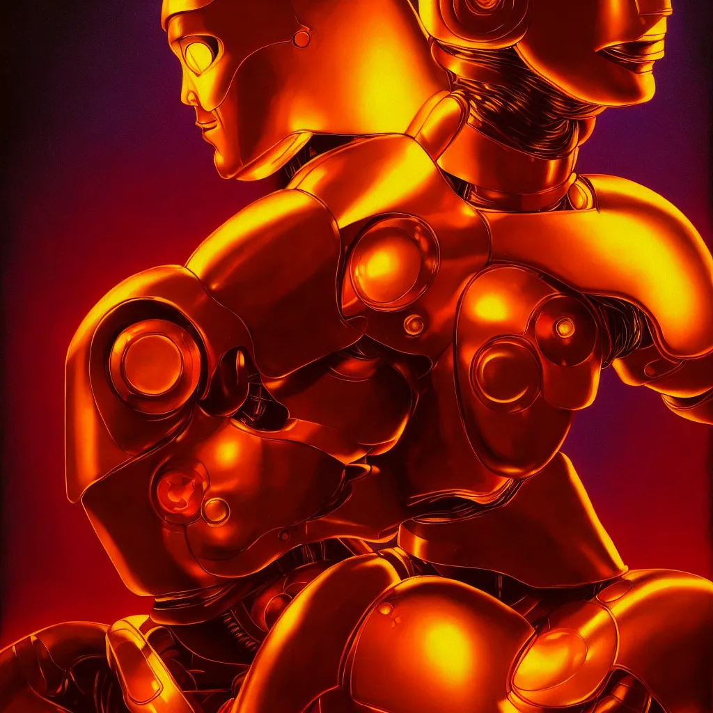 Image similar to cinematic bust portrait of psychedelic god robot from left, head and chest only, robotic improvements, part of Moebius, part of maxfield parrish, part of Thomas Ehretsmann,, oil on canvas, masterpiece, trending on artstation, cinematic composition, dramatic pose, beautiful lighting, sharp, details, hyper-detailed, volumetric lighting 4K