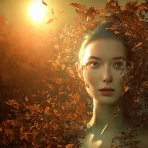 Image similar to a highly detailed digital image of a futuristic elegant woman shattering in the shape of leaves, artstation, extremely detailed woman, stunning volumetric lighting, 4k,