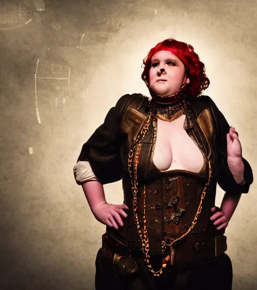 Image similar to portrait of a steampunk fat woman, volumetric lighting, cinematic,4k,35mm,street photo, epic