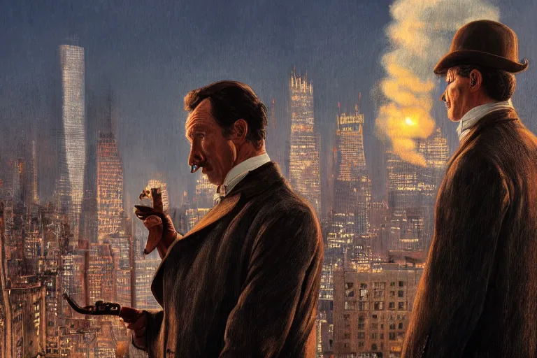 Prompt: portrait profile sherlock holmes tobacco pipe on a perch facing the city at night, smoke rising, smooth, focus, highly detailed, hyper realistic, dramatic lighting, intricate, concept art, new york skyline, looking down, movie still, art by wlop, greg rutowski, artstation