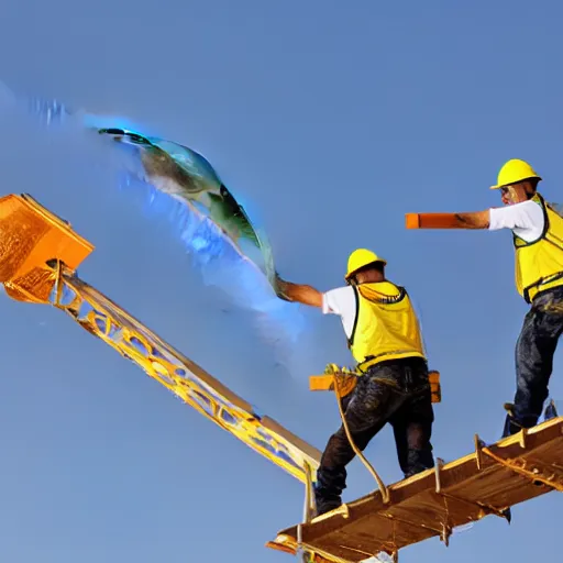 Prompt: two construction workers removing the moon from the sky