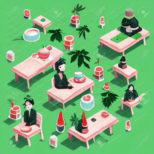 Image similar to neat composition cannabis leaf in pot cafe detailed cute characters, isometric fun style ink watercolor illustration, by ren hang, australian style video game still