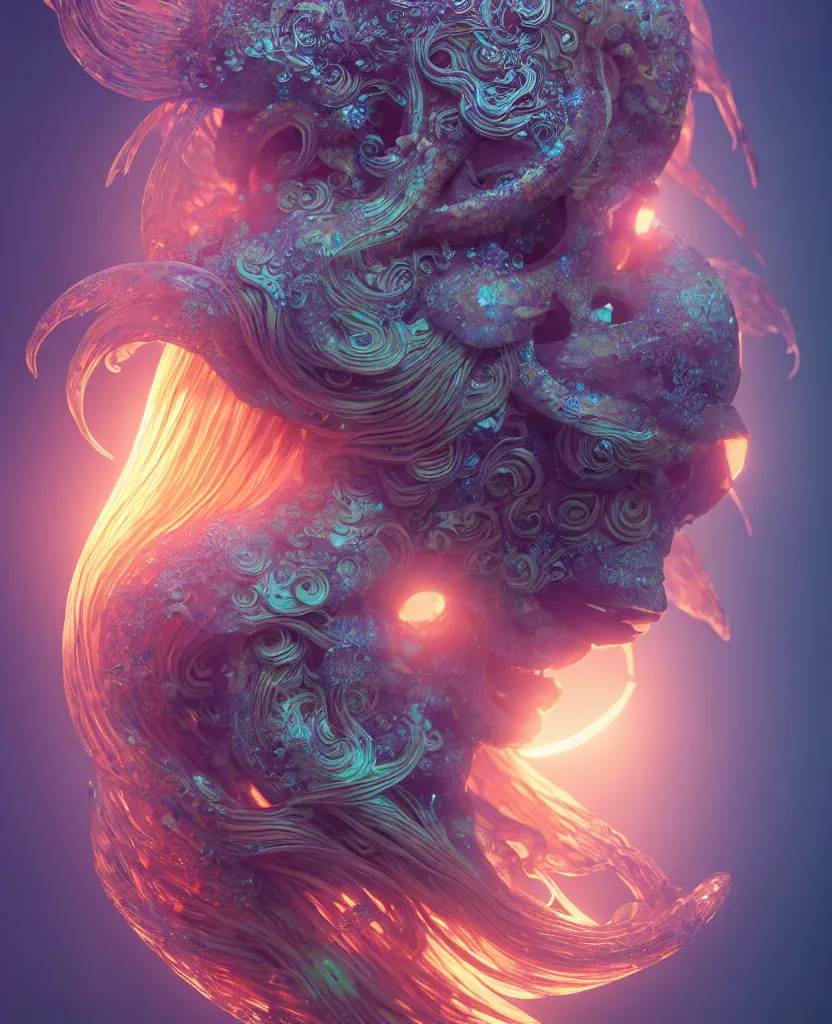 Image similar to goddess close-up portrait. chimera orchid jellyfish phoenix head, nautilus, skull, betta fish, bioluminiscent creatures, intricate artwork by Tooth Wu and wlop and beeple. octane render, trending on artstation, greg rutkowski very coherent symmetrical artwork. cinematic, hyper realism, high detail, octane render, 8k