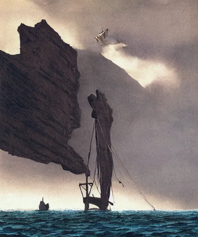 Image similar to photorealistic painting of a 1 9 2 5 seiner sailing near a tropical cliff with the mouth of a sea cave at the waterline, dark, brooding, atmospheric, lovecraft, horror, smooth, epic, highly detailed, cinematic, by angus mcbride