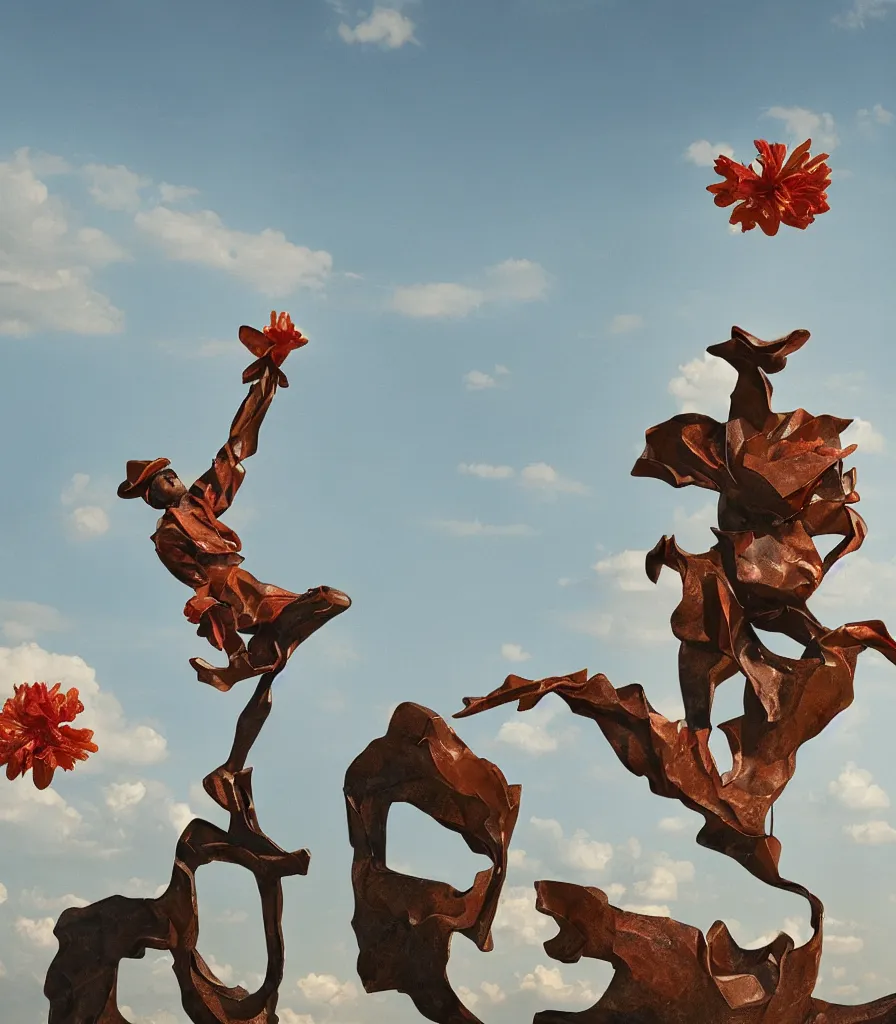 Image similar to a cowboy turning into blooms by slim aarons, by zhang kechun, by lynda benglis. tropical sea slugs, angular sharp tractor tires. complementary colors. warm soft volumetric dramatic light. national geographic. 8 k, rendered in octane, smooth gradients. sculpture by antonio canova. red accents.