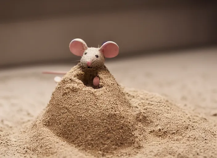 Image similar to dslr photo still of a mouse inside a sand castle, 8 k, 8 5 mm f 1. 4