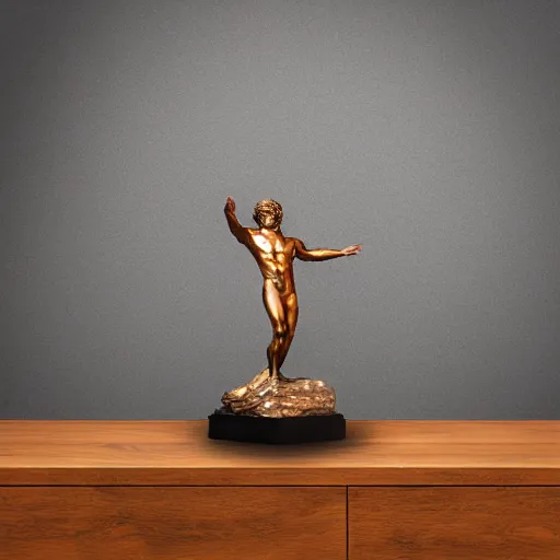 Prompt: bronze metallic statue of Poseidon rising above waves on a wooden desk, studio lighting