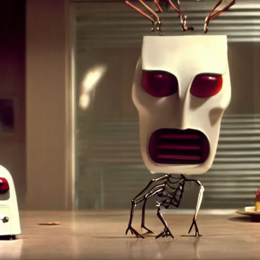 Prompt: an evil toaster with long spindly legs and buggy eyes jumping to a kitchen table in a thrilling chase scene from a movie starring keanu reeves, cinematic, realistic