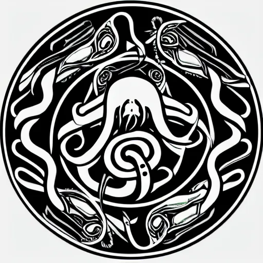 Image similar to an emblem containing a kraken in the center, with snakes as tentacles, 4k