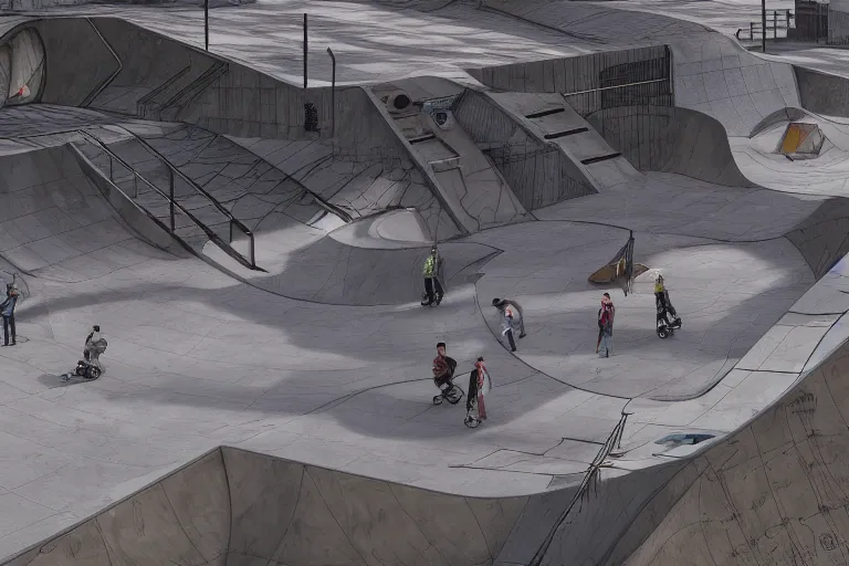 Prompt: dystopian skatepark, digital art, highly detailed, sharp, 4 k