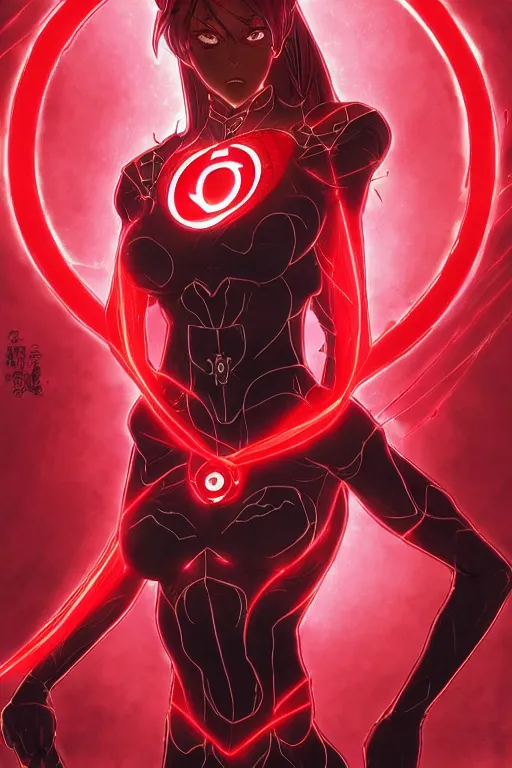 Image similar to anime key visual of a beautiful female red lantern!! intricate, red and black suit, glowing, powers, rage, anger, hate, dc comics, cinematic, stunning, highly detailed, digital painting, artstation, smooth, hard focus, illustration, art by artgerm and greg rutkowski and alphonse mucha